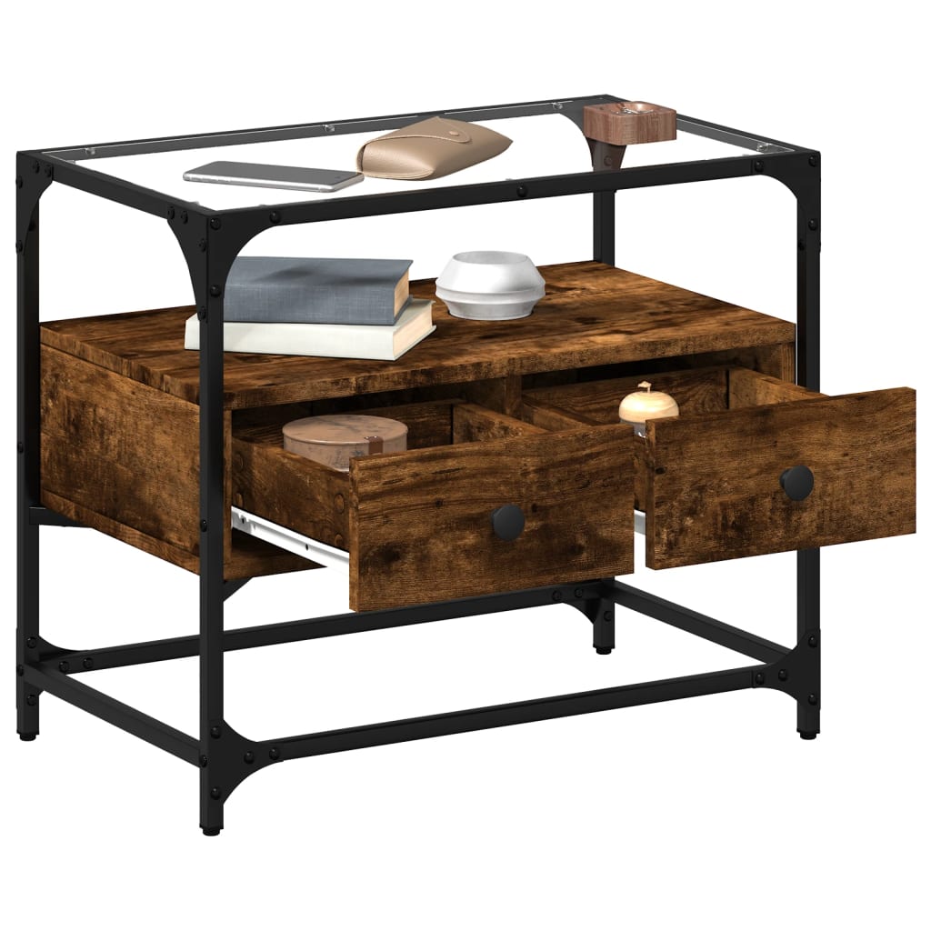 vidaXL Meuble TV avec plateau en verre chêne fumé 60x35x51 cm bois d'ingénierie