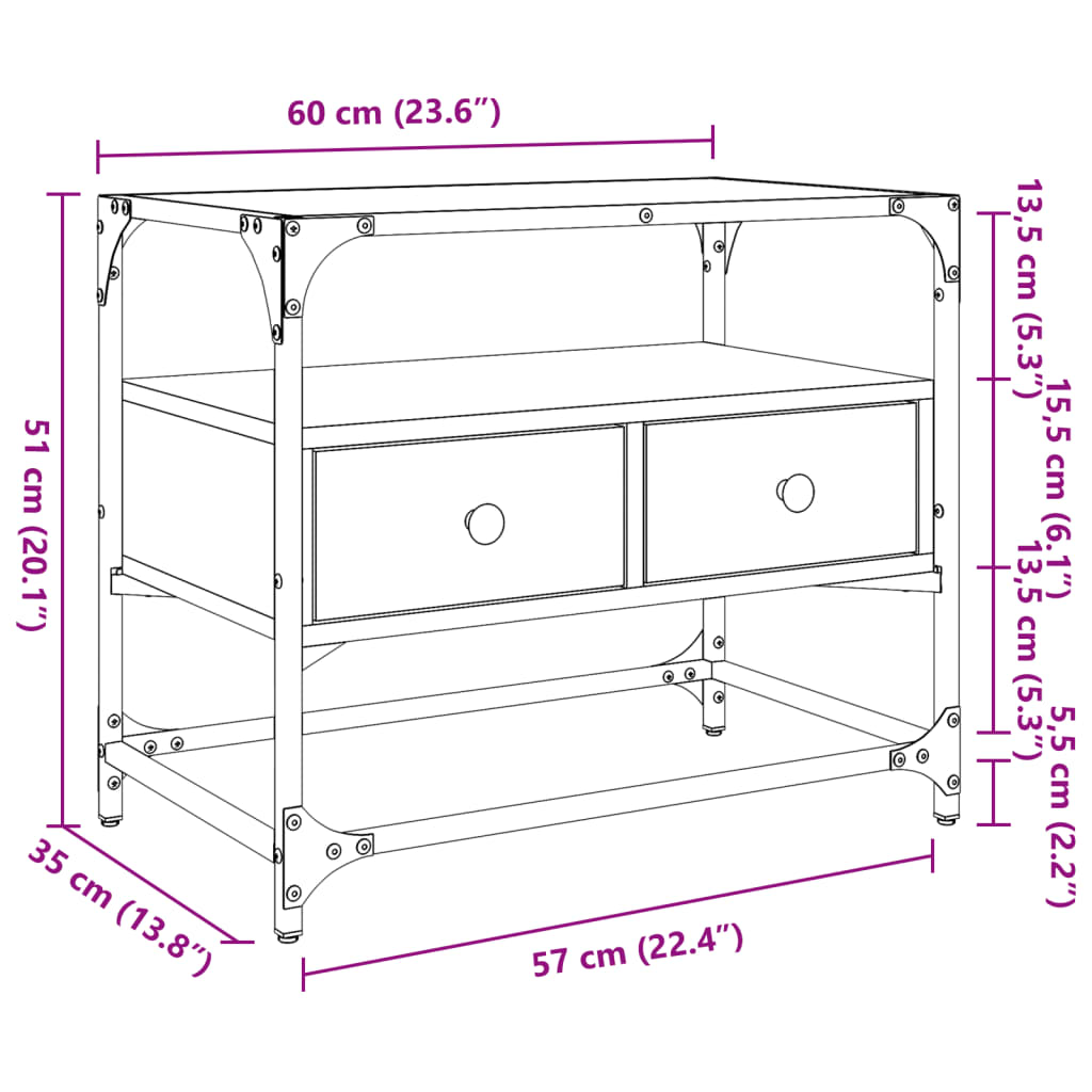 vidaXL Meuble TV avec plateau en verre chêne fumé 60x35x51 cm bois d'ingénierie