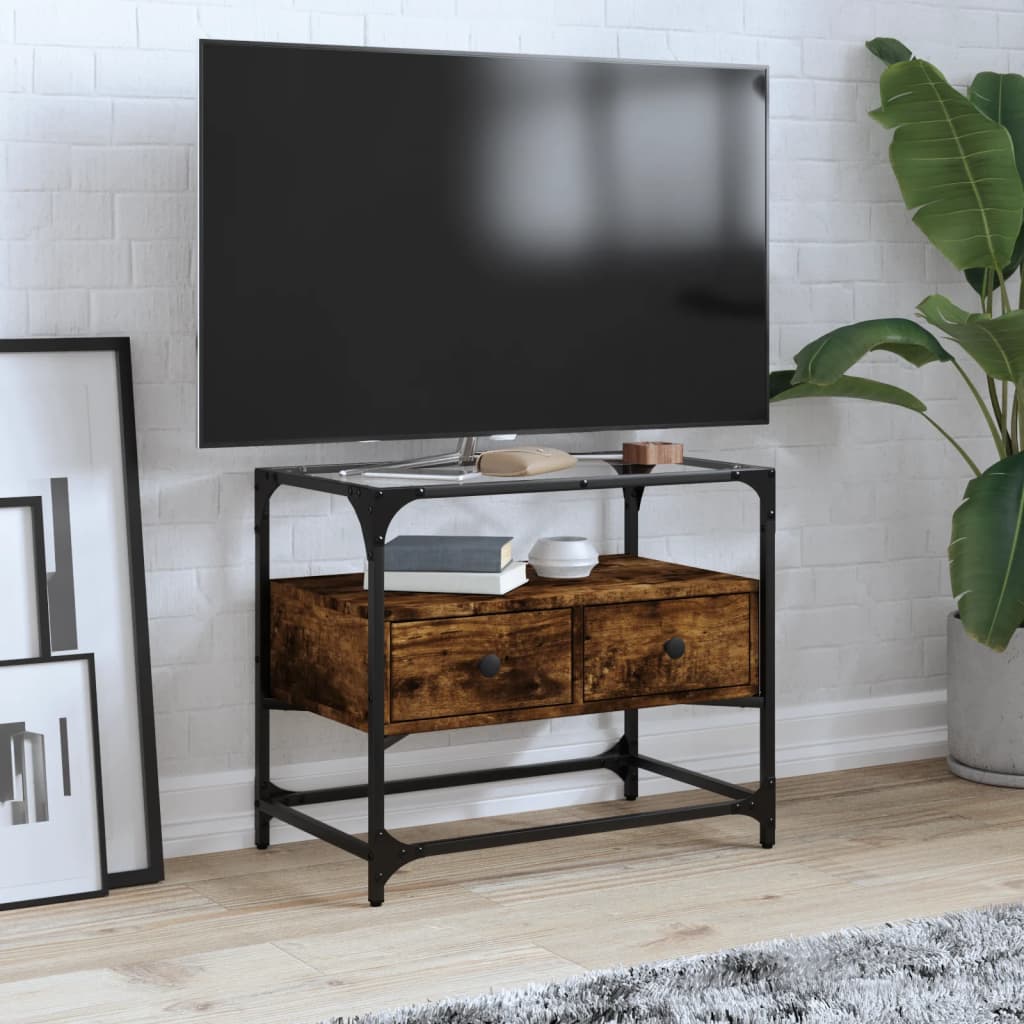vidaXL Meuble TV avec plateau en verre chêne fumé 60x35x51 cm bois d'ingénierie