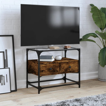vidaXL Meuble TV avec plateau en verre chêne fumé 60x35x51 cm bois d'ingénierie