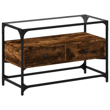 Meuble TV vidaXL avec plateau en verre chêne fumé 80x35x51cm bois d'ingénierie