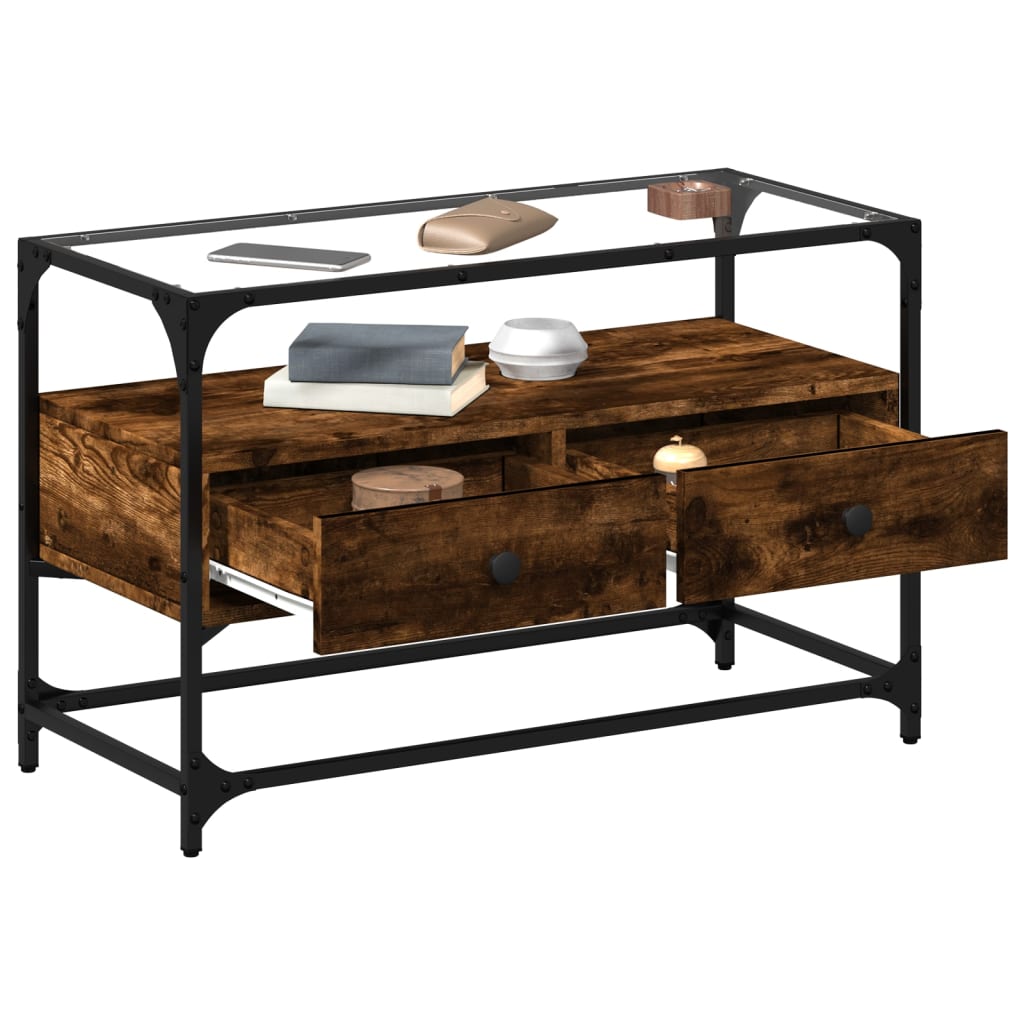 Meuble TV vidaXL avec plateau en verre chêne fumé 80x35x51cm bois d'ingénierie