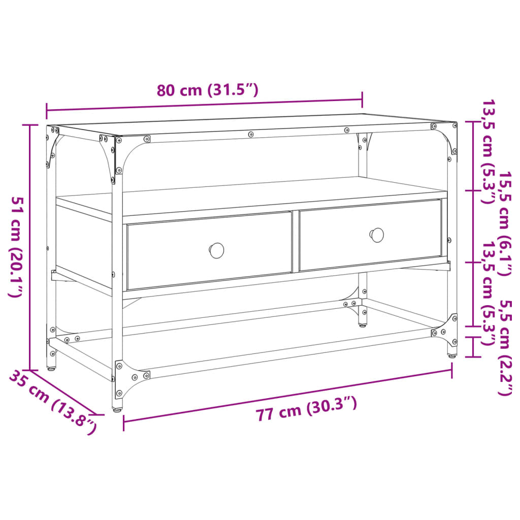 Meuble TV vidaXL avec plateau en verre chêne fumé 80x35x51cm bois d'ingénierie