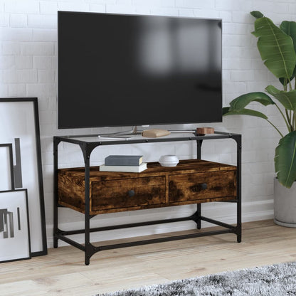 Meuble TV vidaXL avec plateau en verre chêne fumé 80x35x51cm bois d'ingénierie