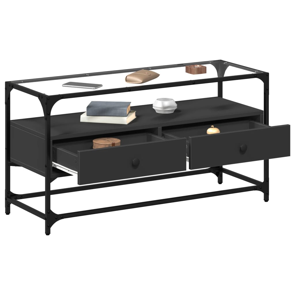 vidaXL Meuble TV avec plateau en verre Noir 98x35x51 cm Bois d'ingénierie