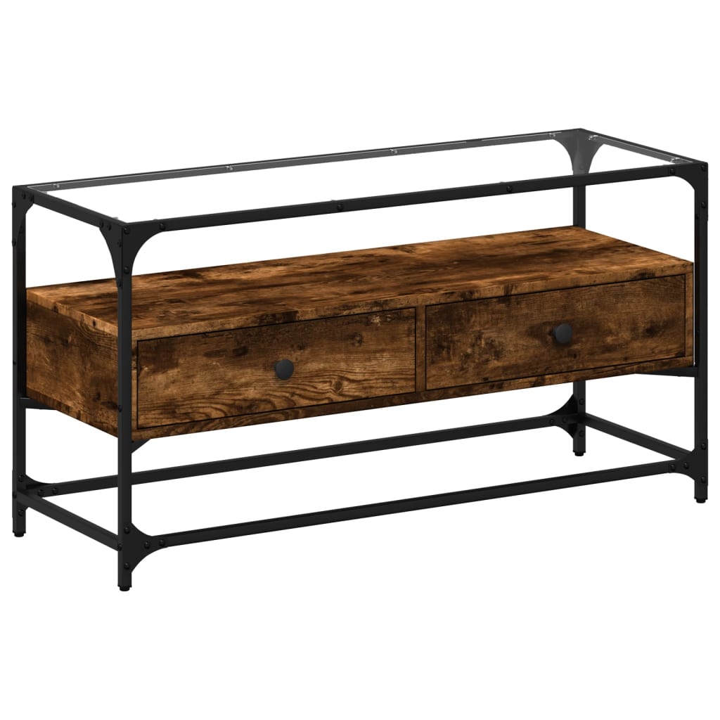 Meuble TV vidaXL avec plateau en verre chêne fumé 98x35x51cm bois d'ingénierie