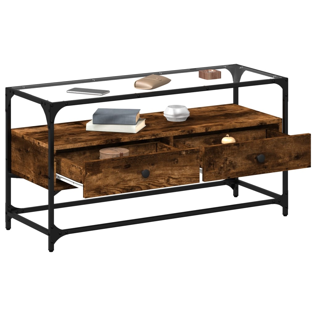 Meuble TV vidaXL avec plateau en verre chêne fumé 98x35x51cm bois d'ingénierie