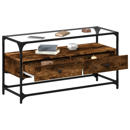 Meuble TV vidaXL avec plateau en verre chêne fumé 98x35x51cm bois d'ingénierie