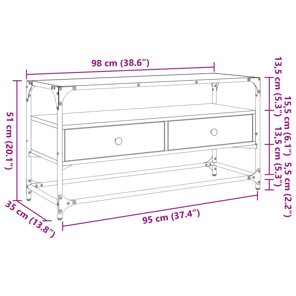 Meuble TV vidaXL avec plateau en verre chêne fumé 98x35x51cm bois d'ingénierie