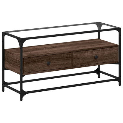 Meuble TV vidaXL avec plateau en verre marron Chêne 98x35x51 cm Bois d'ingénierie