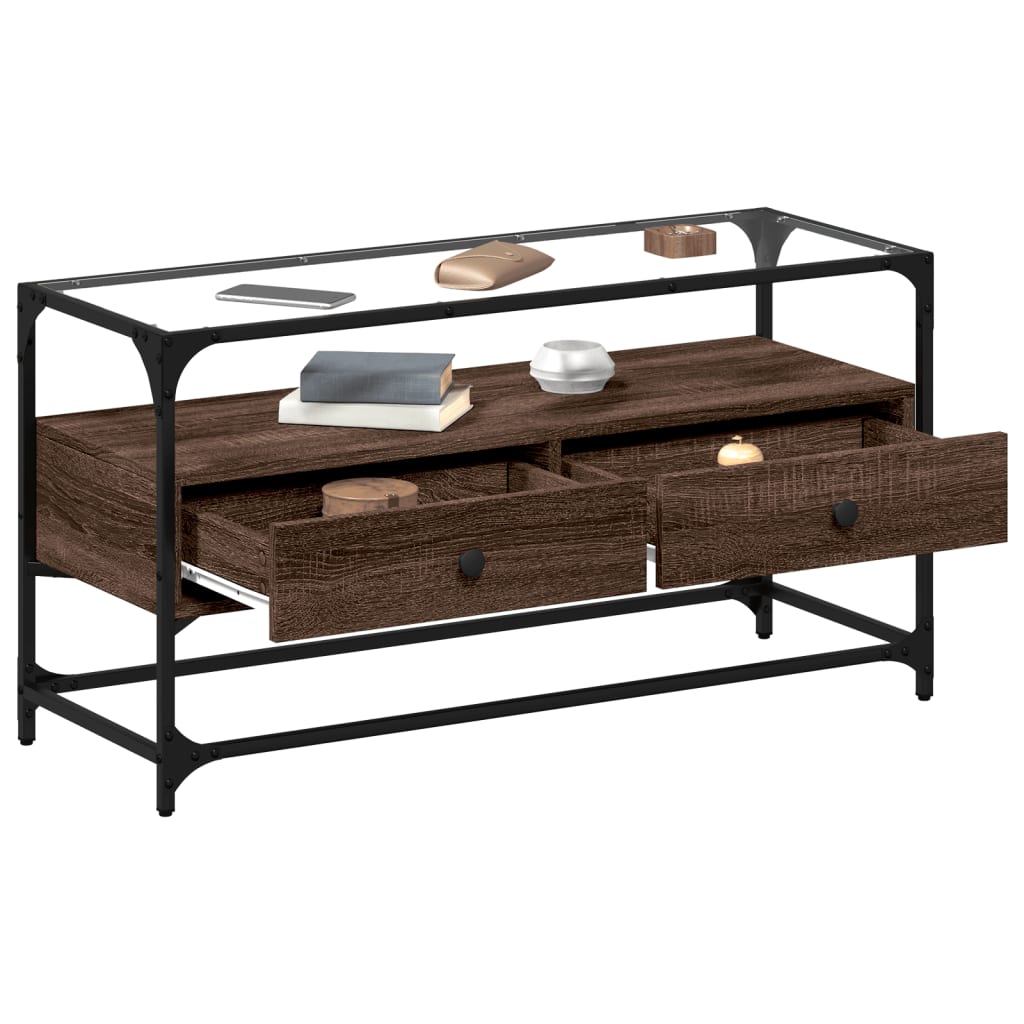 Meuble TV vidaXL avec plateau en verre marron Chêne 98x35x51 cm Bois d'ingénierie