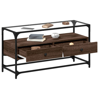 Meuble TV vidaXL avec plateau en verre marron Chêne 98x35x51 cm Bois d'ingénierie