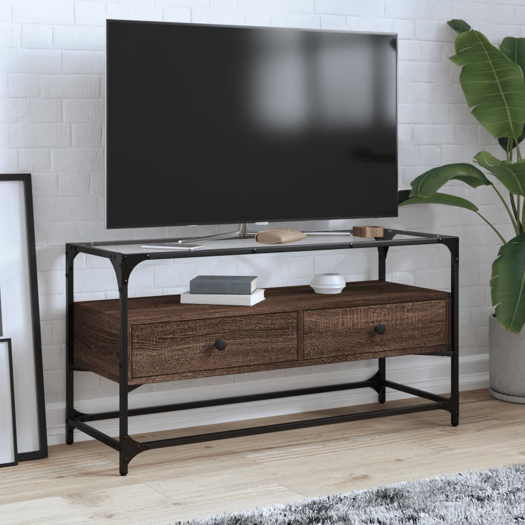 Meuble TV vidaXL avec plateau en verre marron Chêne 98x35x51 cm Bois d'ingénierie