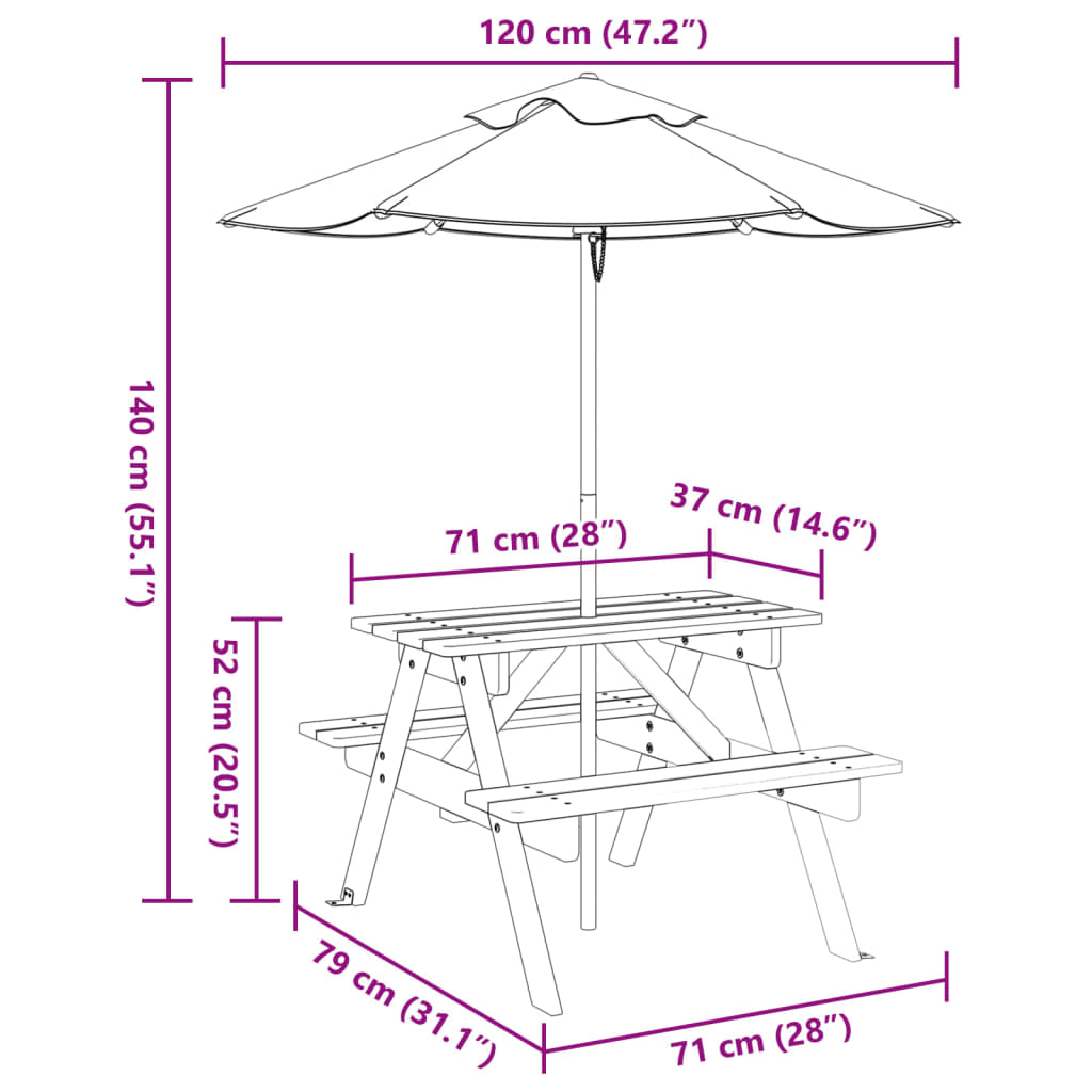 vidaXL Table de pique-nique pour 4 enfants avec parasol Bois de sapin massif