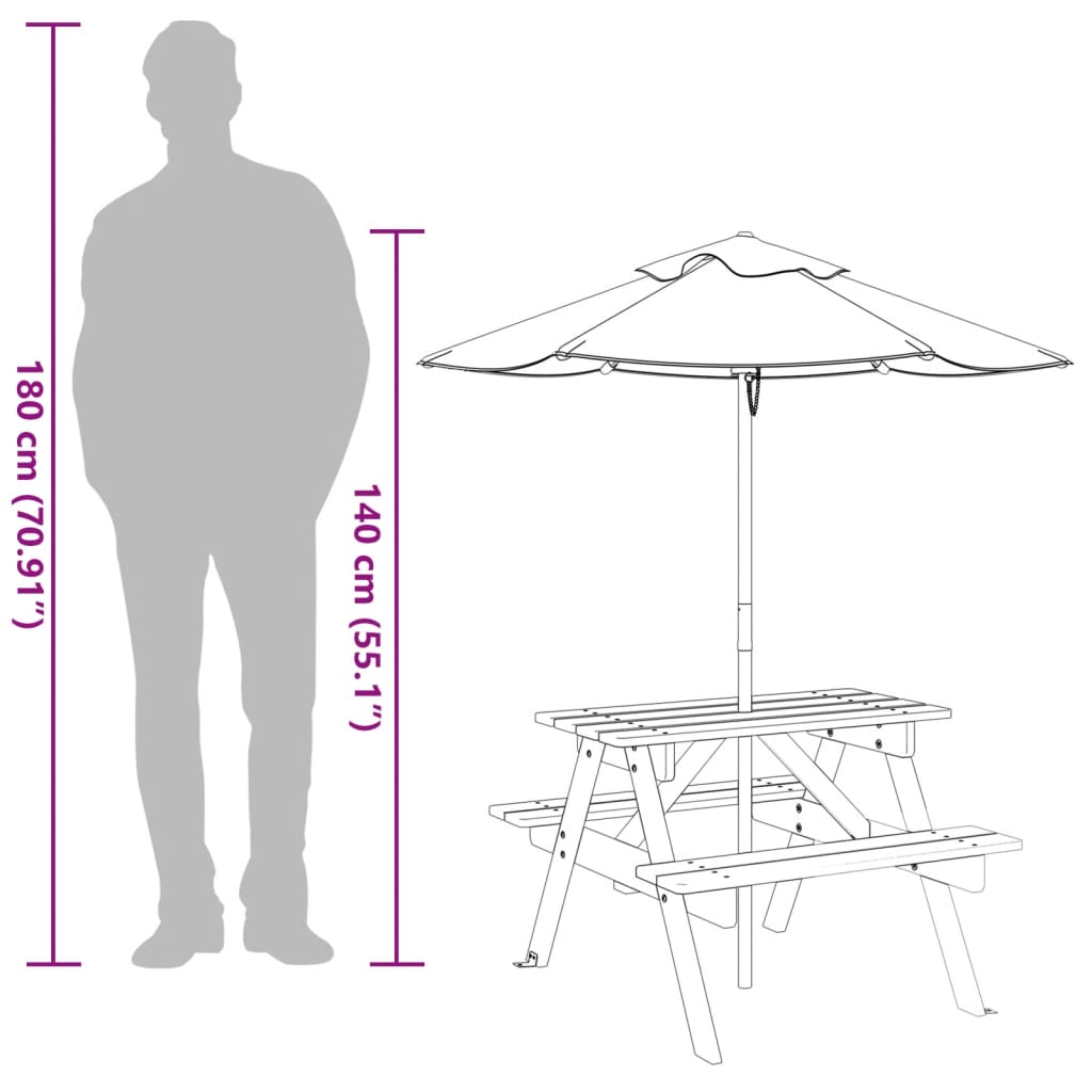 vidaXL Table de pique-nique pour 4 enfants avec parasol Bois de sapin massif