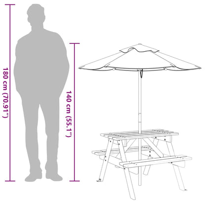 vidaXL Table de pique-nique pour 4 enfants avec parasol Bois de sapin massif