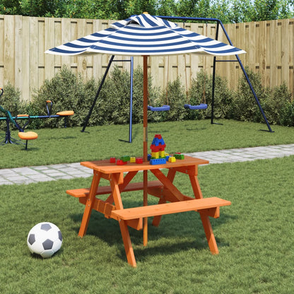 vidaXL Table de pique-nique pour 4 enfants avec parasol Bois de sapin massif