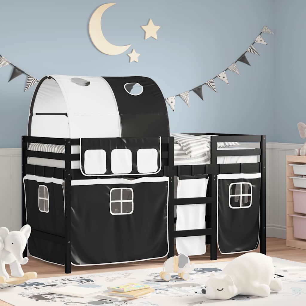 vidaXL Kinderhochbett mit Tunnel Weiß & Schwarz 80x200 cm Kiefernholz