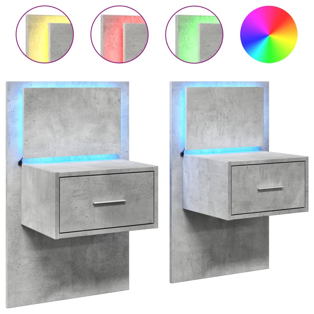 vidaXL Wand-Nachttische mit LED-Leuchten 2 Stk. Betongrau