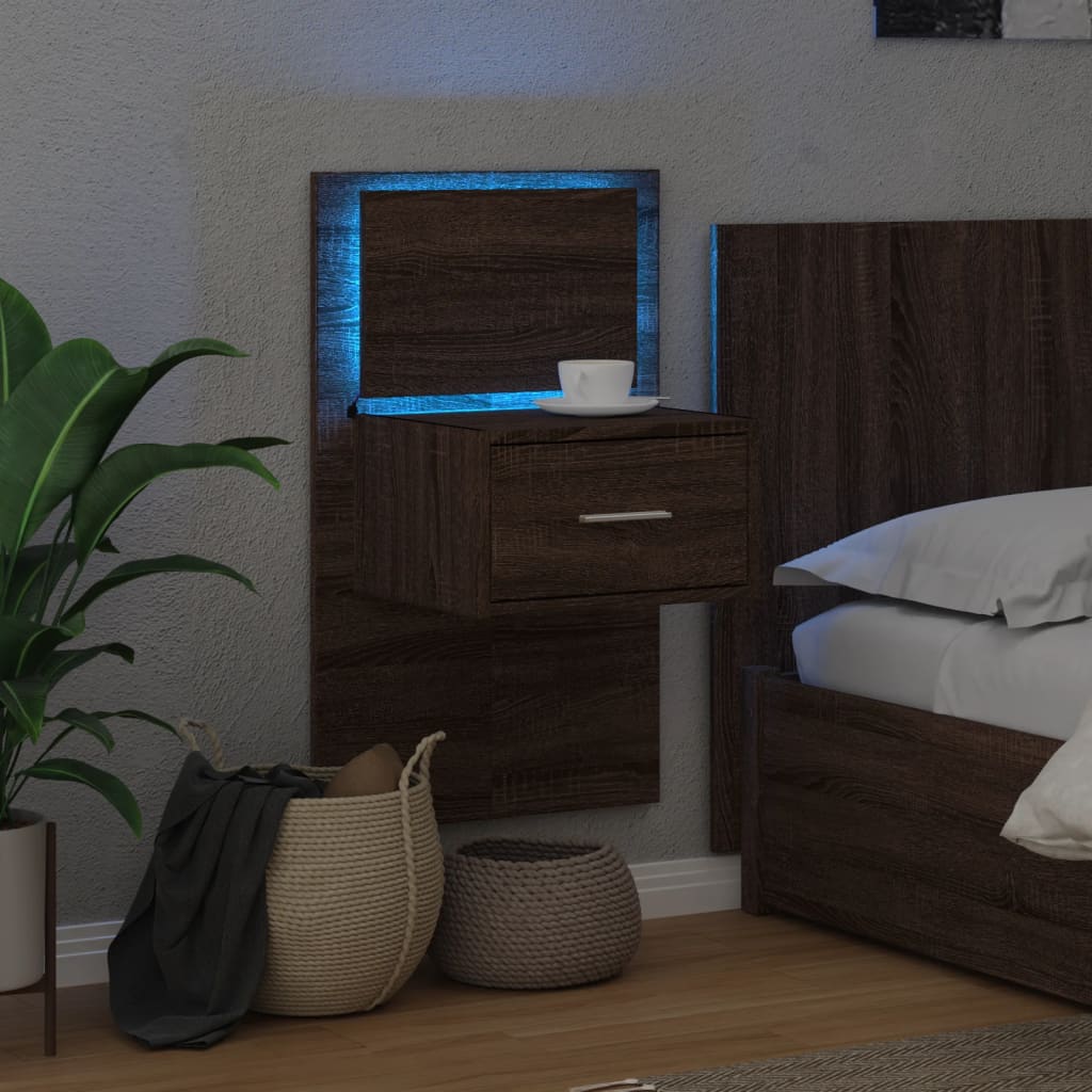 vidaXL Table de chevet murale avec lumières LED aspect chêne marron