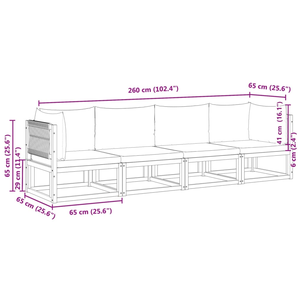 vidaXL Ensemble de canapés de jardin 4 pièces avec coussins bois d'acacia et corde