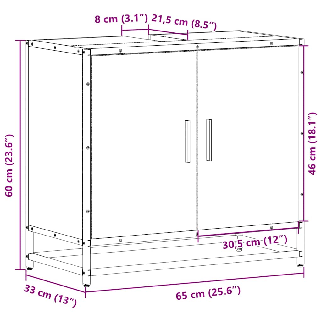 vidaXL Waschbeckenunterschrank Grau Sonoma 65x33x60 cm Holzwerkstoff