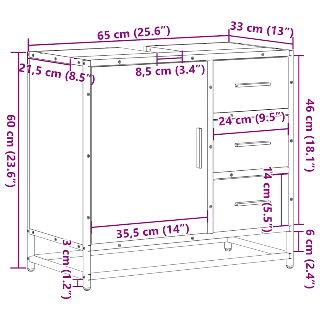 vidaXL Waschbeckenunterschrank Räuchereiche 65x33x60 cm Holzwerkstoff