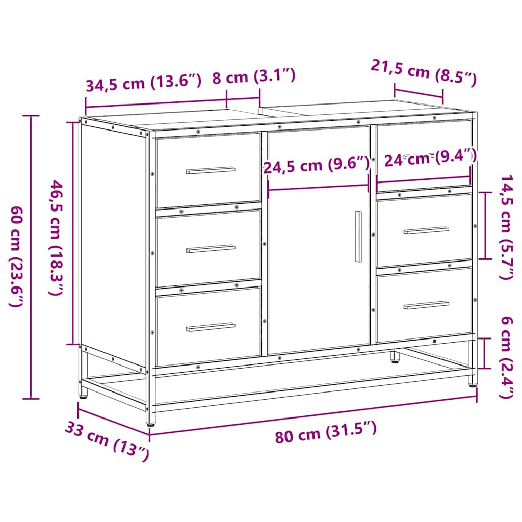 vidaXL Waschbeckenunterschrank Räuchereiche 80x33x60 cm Holzwerkstoff
