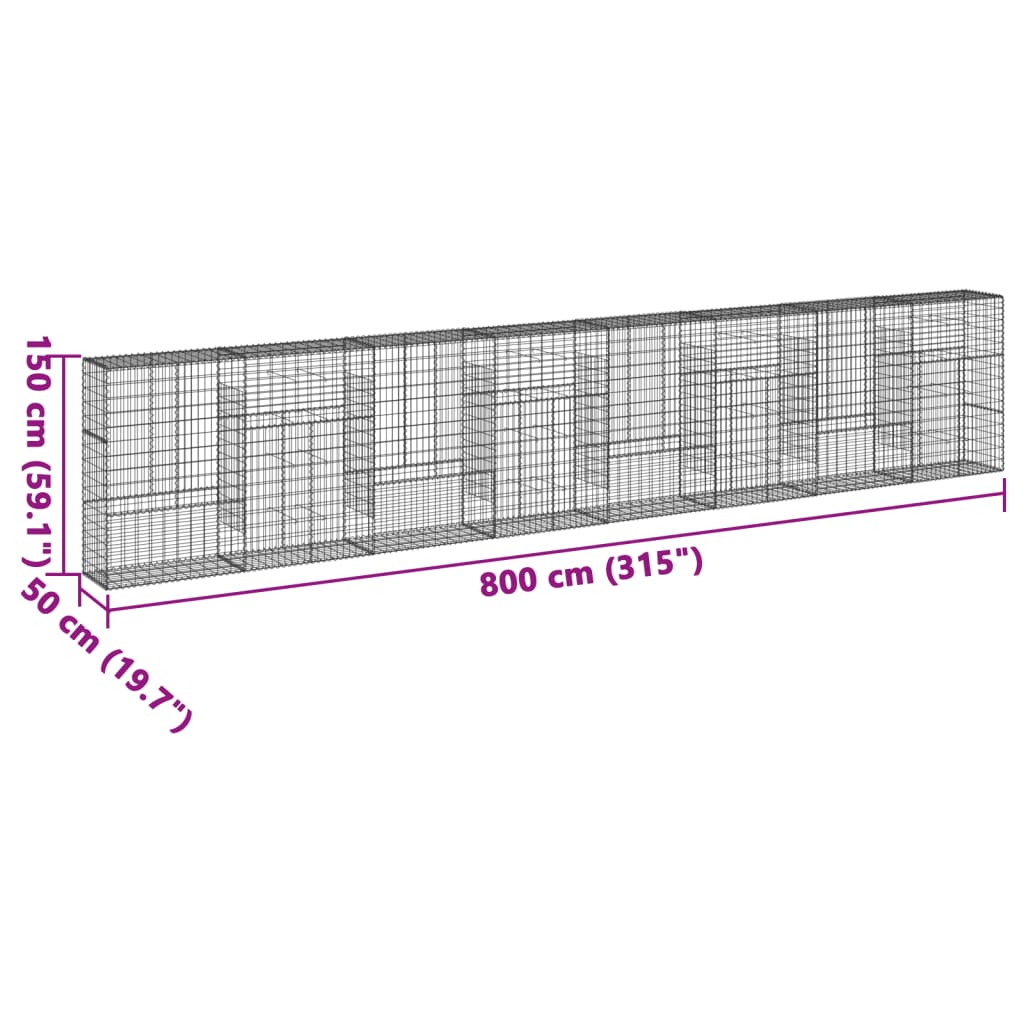 vidaXL Gabione mit Deckel 800x50x150 cm Verzinktes Eisen