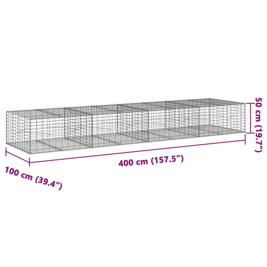 vidaXL Gabione mit Deckel 400x100x50 cm Verzinktes Eisen