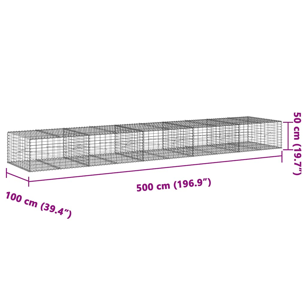 vidaXL Gabione mit Deckel 500x100x50 cm Verzinktes Eisen