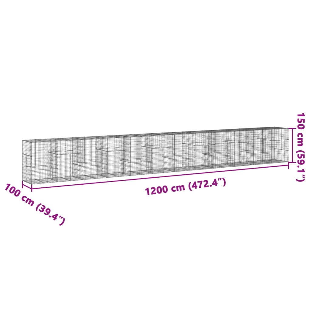 vidaXL Gabione mit Deckel 1200x100x150 cm Verzinktes Eisen