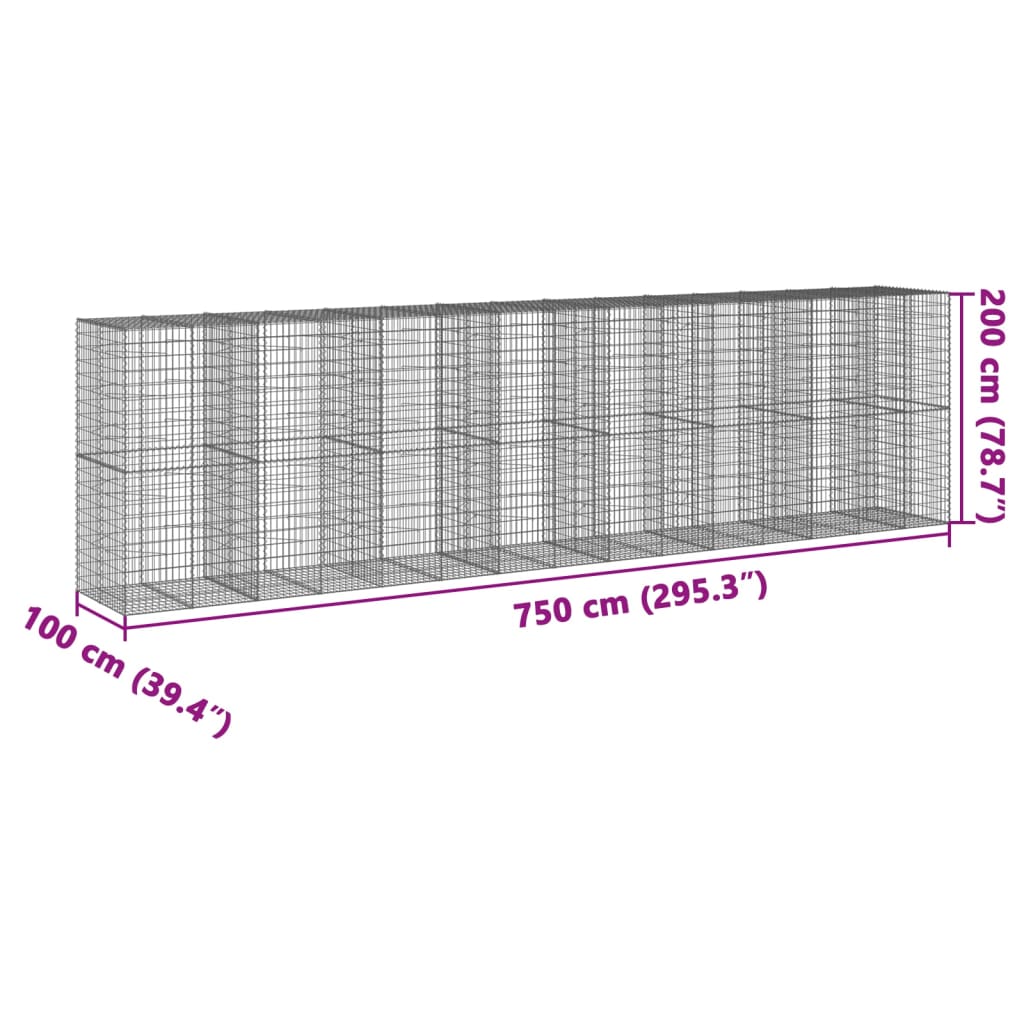 vidaXL Gabione mit Deckel 750x100x200 cm Verzinktes Eisen