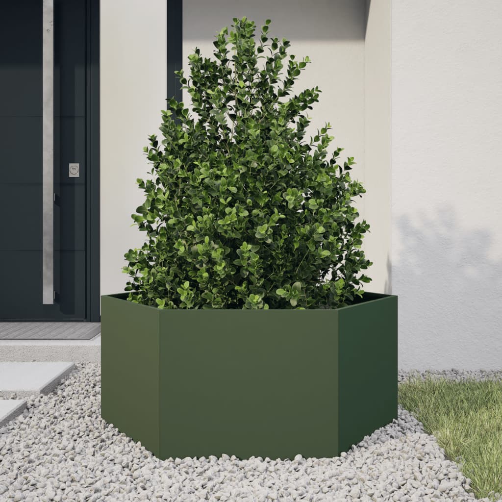 vidaXL Pflanzkübel Olivgrün Sechseckig 104x90x45 Stahl