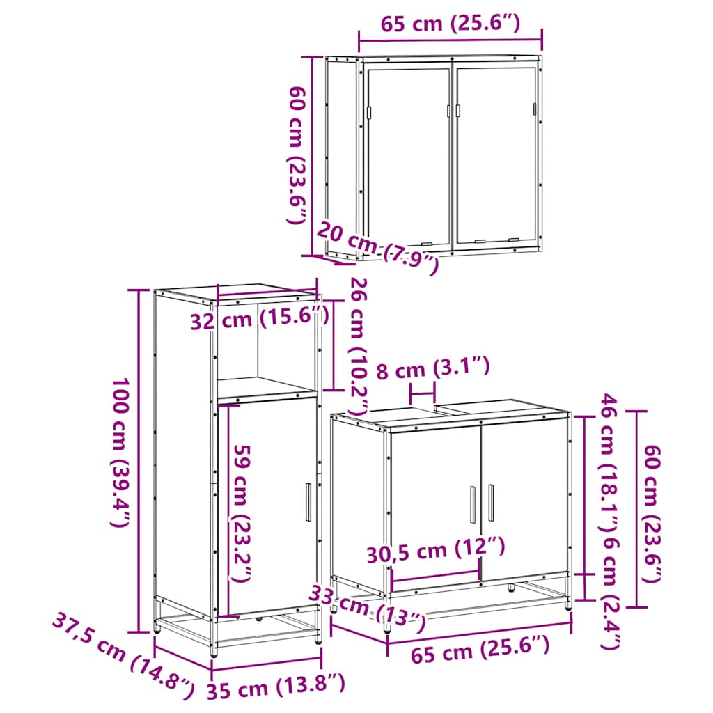 vidaXL 3-tlg. Badmöbel-Set Räuchereiche Holzwerkstoff