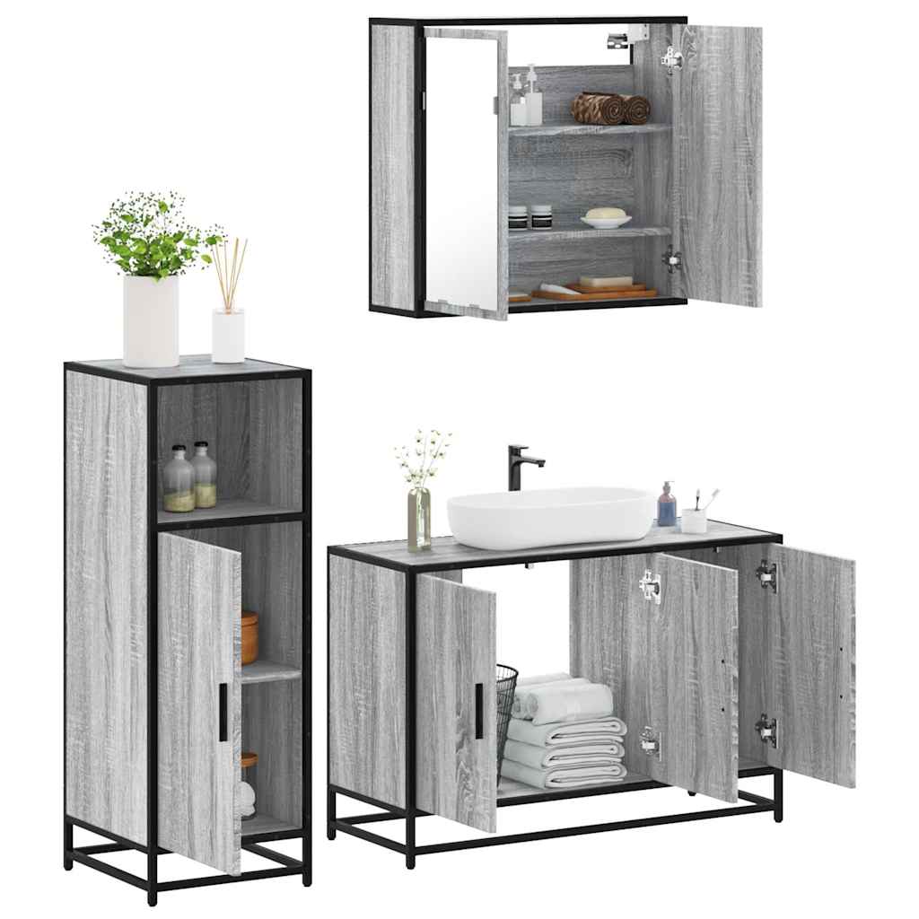 vidaXL 3-tlg. Badmöbel-Set Grau Sonoma Holzwerkstoff