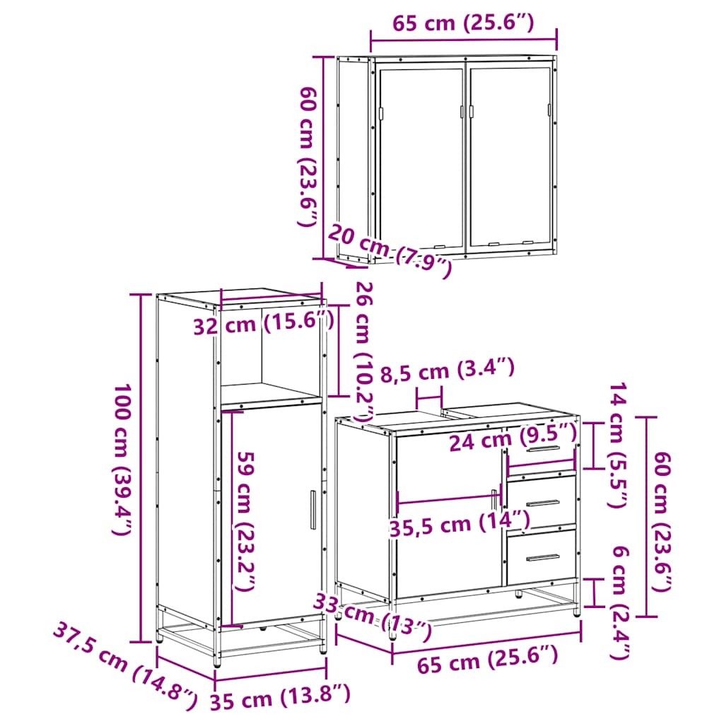 vidaXL Ensemble de meubles de salle de bain 3 pièces Chêne fumé Bois d'ingénierie