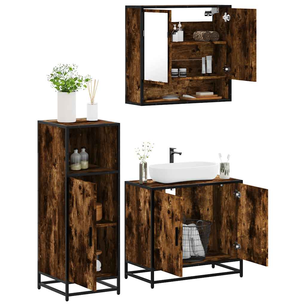 vidaXL 3-tlg. Badmöbel-Set Räuchereiche Holzwerkstoff