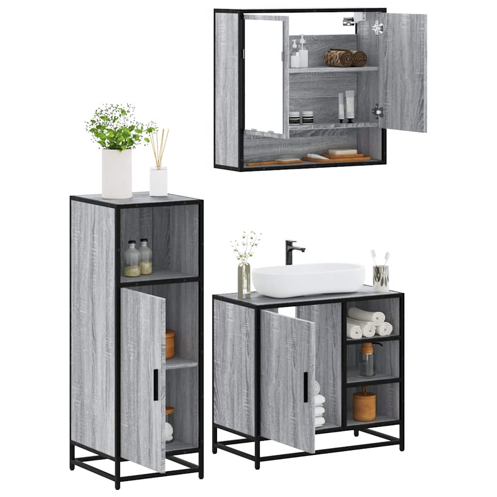 vidaXL 3-tlg. Badmöbel-Set Grau Sonoma Holzwerkstoff