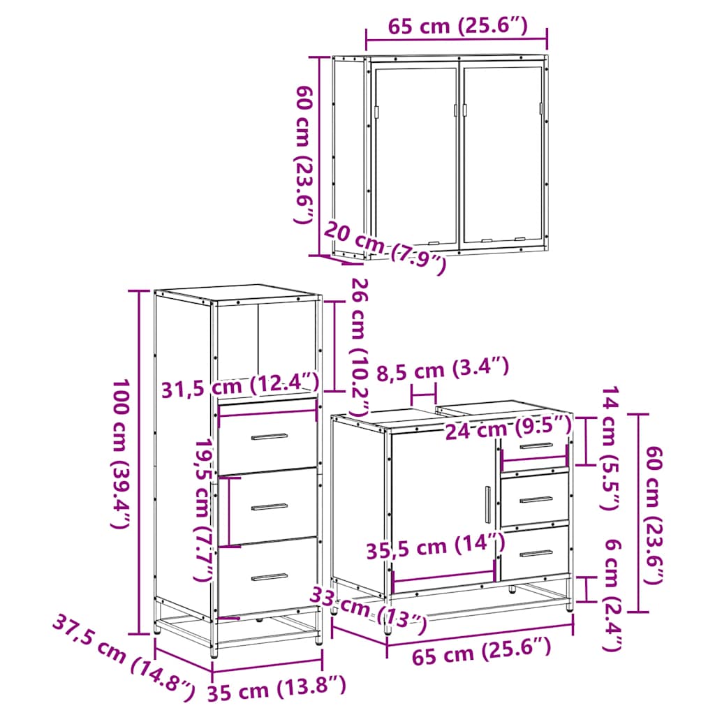 vidaXL Ensemble de meubles de salle de bain 3 pièces Chêne fumé Bois d'ingénierie