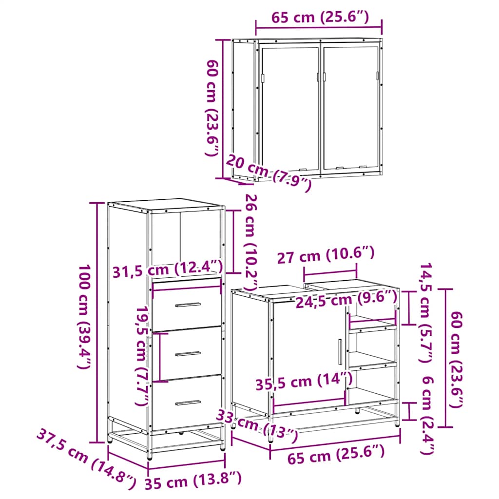 vidaXL 3-tlg. Badmöbel-Set Räuchereiche Holzwerkstoff