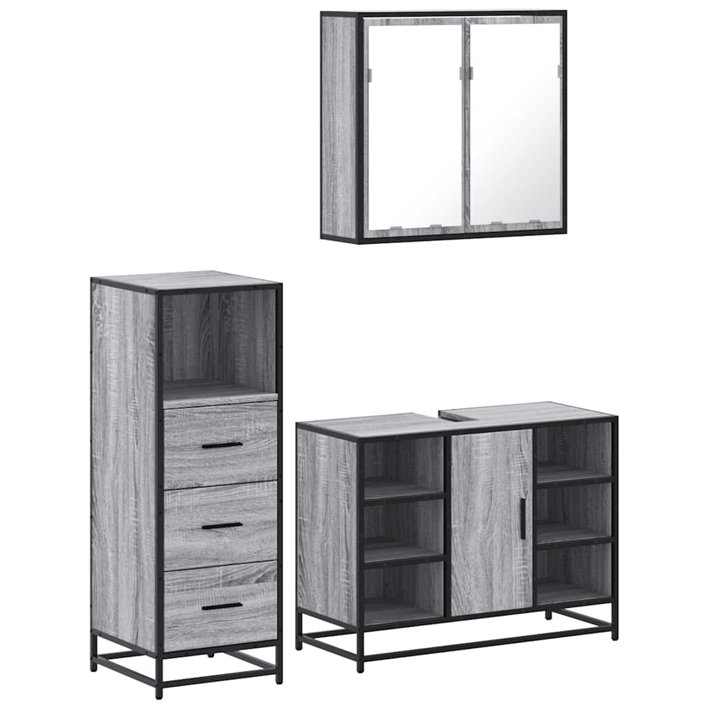 vidaXL 3-tlg. Badmöbel-Set Grau Sonoma Holzwerkstoff