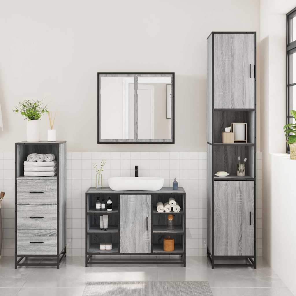 vidaXL 3-tlg. Badmöbel-Set Grau Sonoma Holzwerkstoff