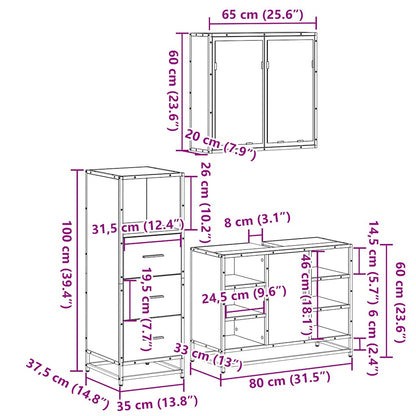 vidaXL 3-tlg. Badmöbel-Set Grau Sonoma Holzwerkstoff
