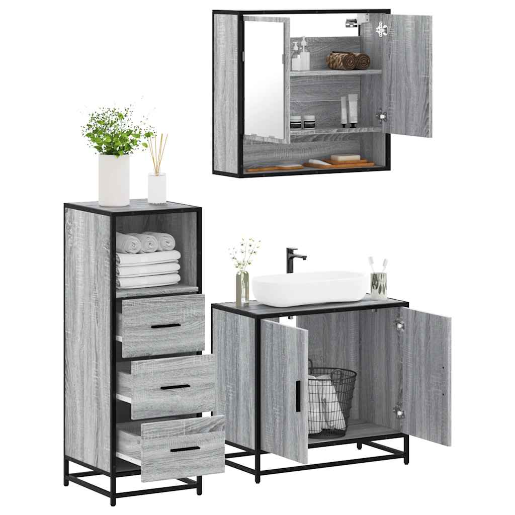 vidaXL 3-tlg. Badmöbel-Set Grau Sonoma Holzwerkstoff