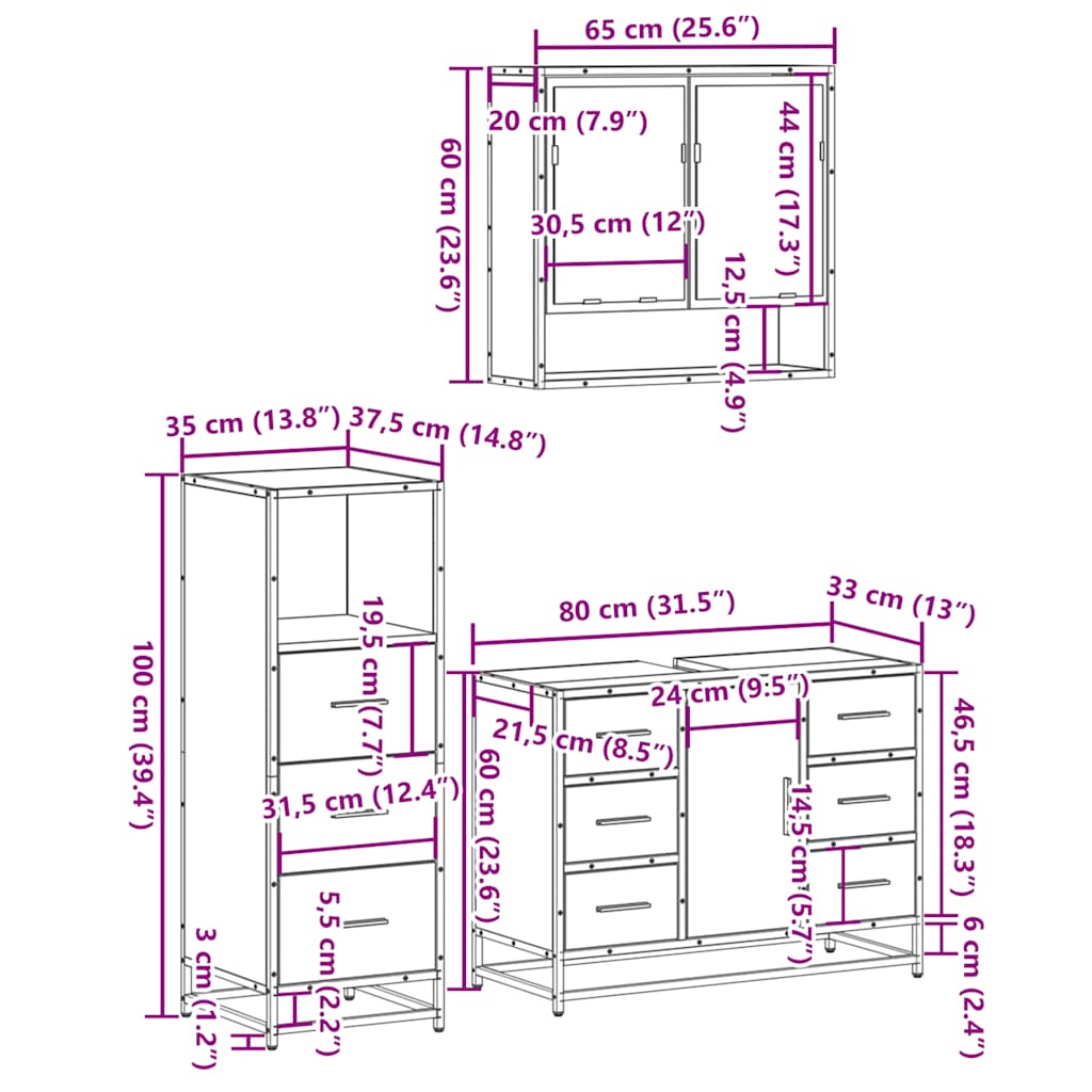 vidaXL 3-tlg. Badmöbel-Set Räuchereiche Holzwerkstoff