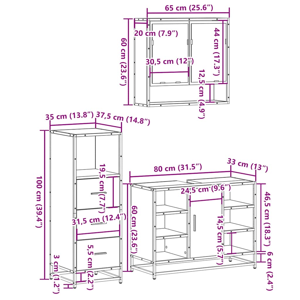 vidaXL 3-tlg. Badmöbel-Set Räuchereiche Holzwerkstoff