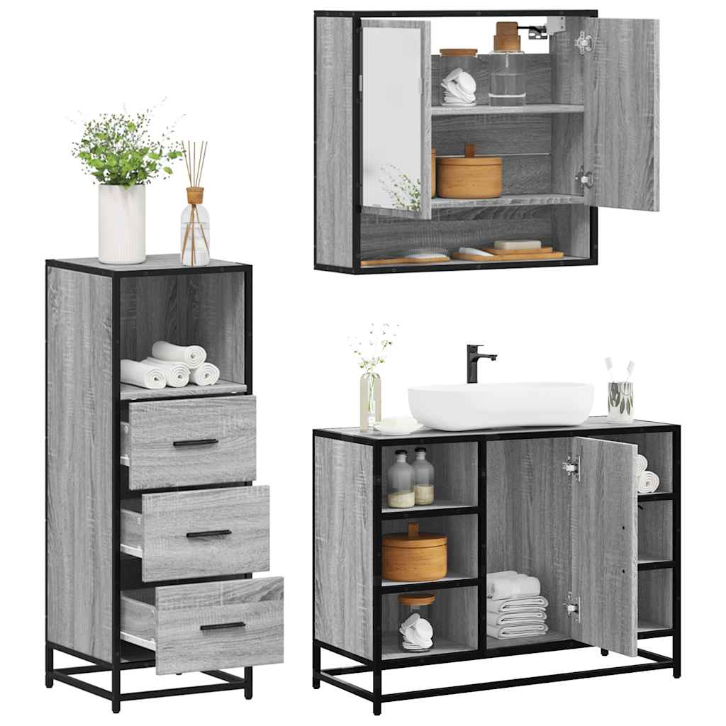 vidaXL 3-tlg. Badmöbel-Set Grau Sonoma Holzwerkstoff