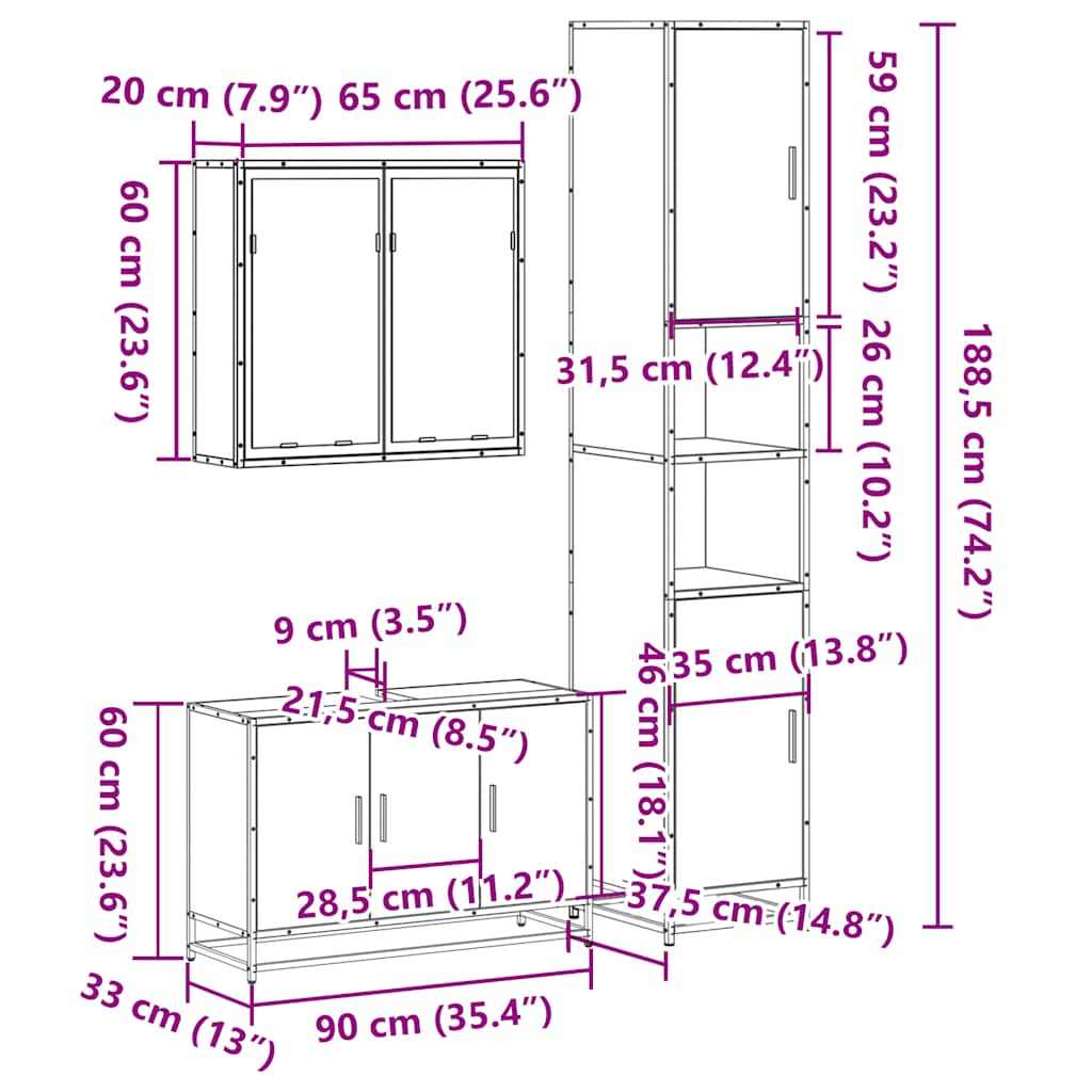 vidaXL 3-tlg. Badmöbel-Set Räuchereiche Holzwerkstoff