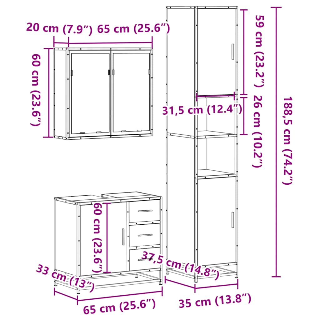 vidaXL Ensemble de meubles de salle de bain 3 pièces Chêne fumé Bois d'ingénierie